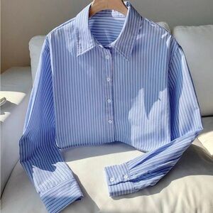 SHEIN Blue and White Striped Cropped Button Down Shirt
